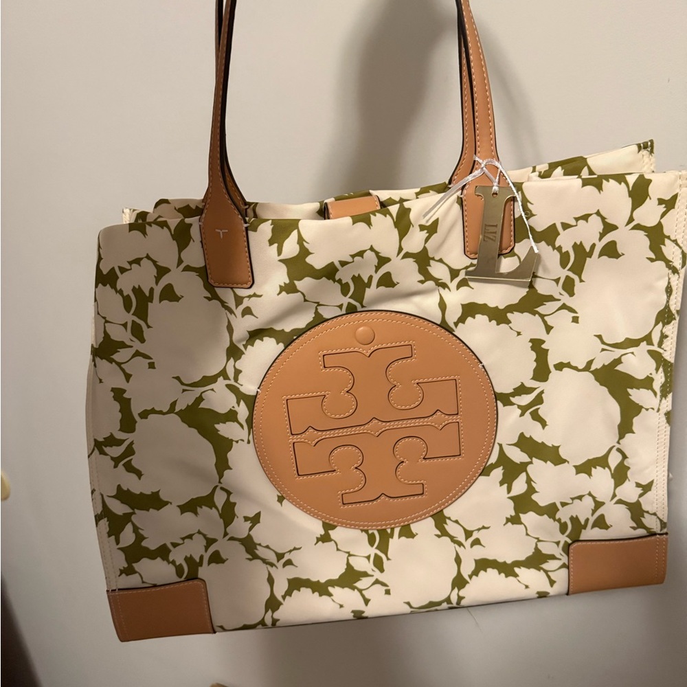 Tory Burch Tan and Green Tote Bag with Signature Style